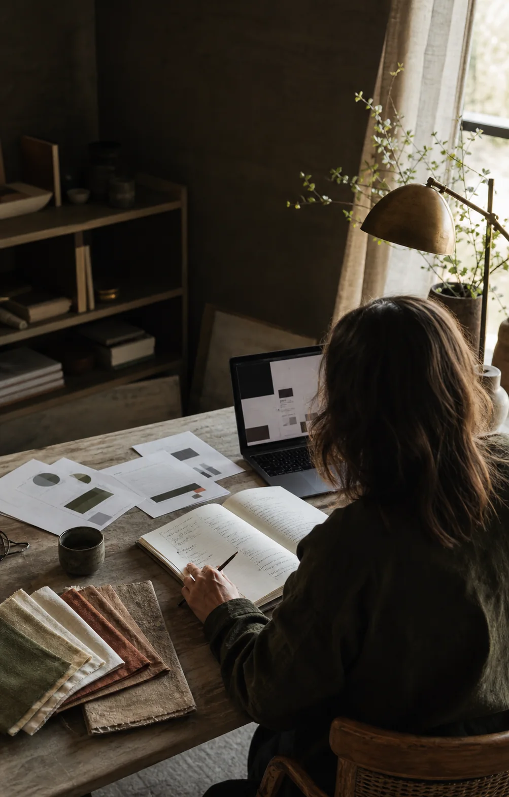 Profissional analisando caderno, dados e materiais criativos em um espaço de trabalho
