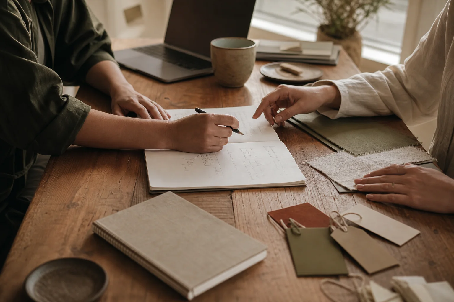Duas pessoas analisando um planejamento com materiais criativos durante uma conversa de trabalho