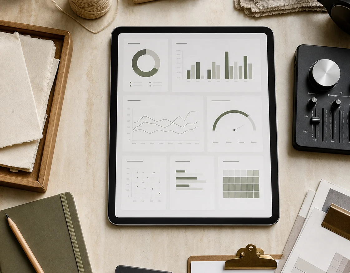 Mesa estratégica com dados, contratos e planejamento para profissionais e negócios criativos