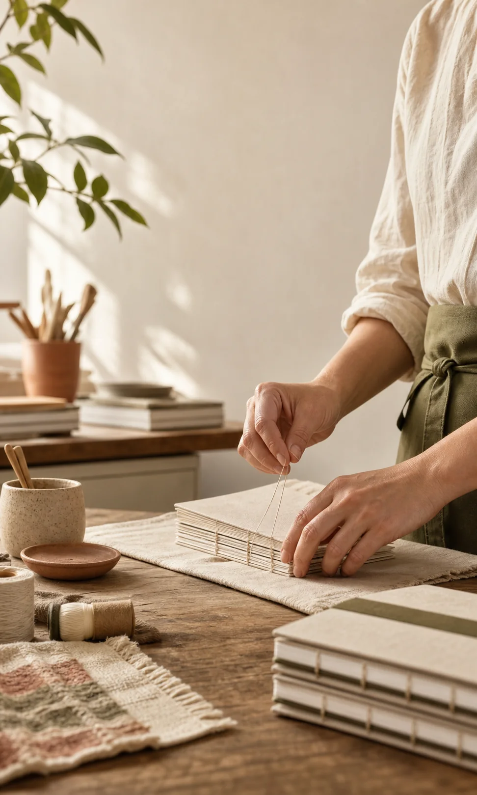 Artesã encadernando cadernos feitos à mão em um ateliê