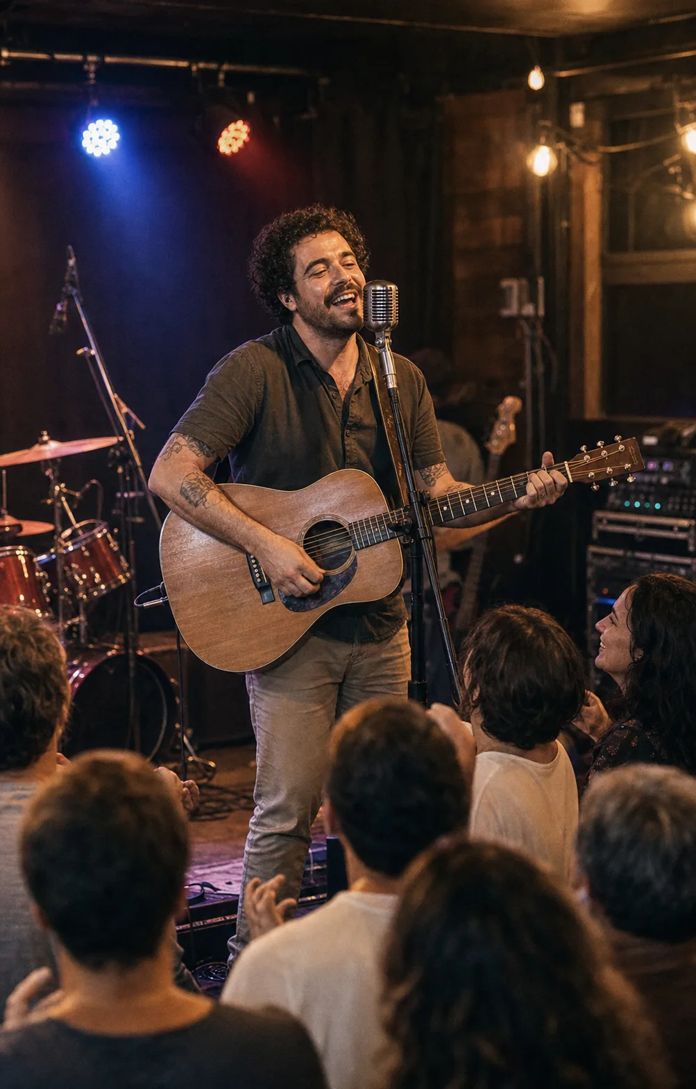 Cantor se apresentando com violão, microfone e público em um show intimista